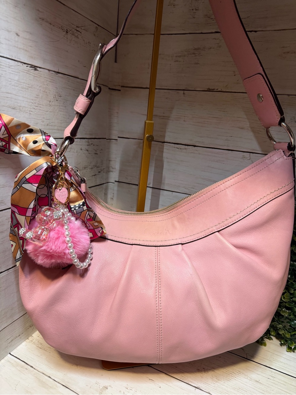 Coach Pink Leather Hobo Shoulder Bag with Pom-Pom Charm